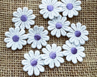 White & Purple Daisy Embroidered Appliqués: Sew-On Floral Patches - 10 pieces