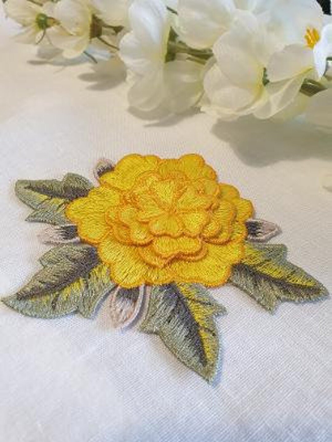 Yellow Carnation Flower Applique, Embroidered Sewon Applique, Yellow