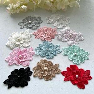 2 x 3D Embroidered flower sew-on applique with pearl button, Lace applique's