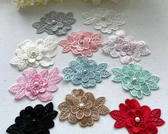 2 x 3D Embroidered flower sew-on applique with pearl button, Lace applique's