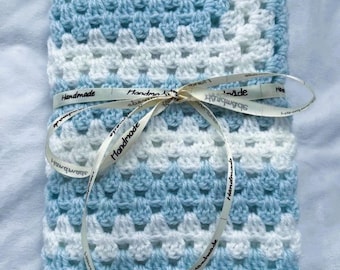 Handmade Crochet Baby Blanket: Blue and White Pram Blanket (26x26 inches)
