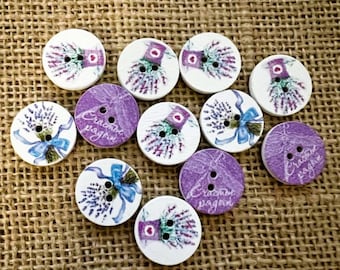 Lavender Floral Wood Buttons: 20mm Decorative Sewing Buttons - Pack of 6