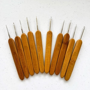 May include: Set of 10 bamboo crochet hooks with silver tips. The hooks are arranged in a fan shape, with the smallest hook at the top and the largest hook at the bottom.
