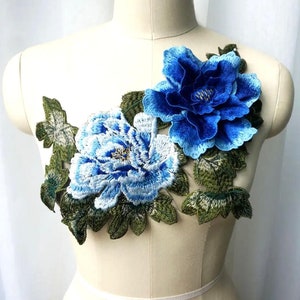 Large Blue Peony Embroidered Applique: Sew-On Dress Decoration