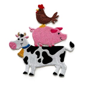 Farm Yard Animal Iron-on Patch, Embroidered Applique, Cow Pig Chicken Motif, Clothes Patches