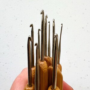 May include: A set of 12 bamboo crochet hooks with silver metal hooks. The hooks are arranged in a fan shape, with the largest hook at the top and the smallest hook at the bottom.