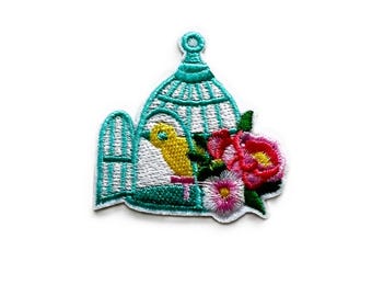 Floral Bird Cage Iron-on Patch: Embroidered Applique (5.2cm x 5cm)