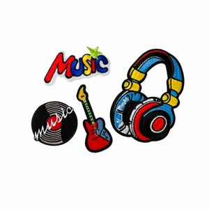 Retro Music Iron-on Patches: Guitar, Vinyl Record, Headphones