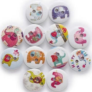 10 x Wood Buttons, Elephant Buttons, Kids Buttons, 15mm Wood Buttons, Round Buttons