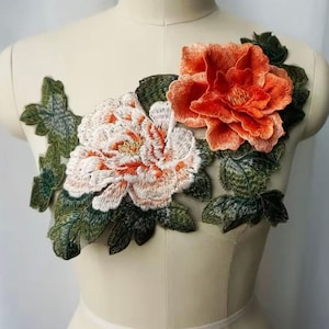 Large Orange Peony Embroidered Applique: Sew-On Dress Decoration