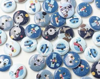 10 x Wood Buttons, Astronaut Buttons, 15mm Buttons, Space Ship Buttons