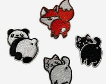 Stick on Patches , Embroidered Cat Applique, Fox Patches, Self Adhesive Patches, Panda Patches