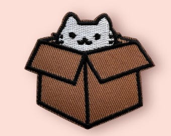 Peeking Cat in Box Iron-on Patch: Embroidered Applique