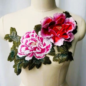 Large Pink Peony Embroidered Applique: Sew-On Dress Decoration