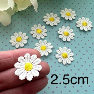 Könnte beinhalten: Eine Sammlung weißer Gänseblümchen-Blumenaufnäher mit gelben Zentren. Die Aufnäher sind mit einem filigranen Design bestickt. Der Text "2,5 cm" ist sichtbar, der die Größe der Aufnäher angibt.