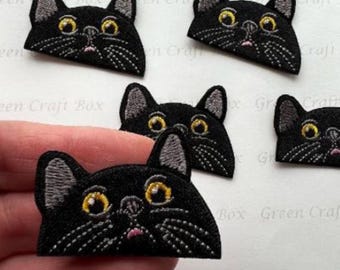 Peeking Black Cat Iron-on Patch: Embroidered Applique (5cm x 3.5cm)