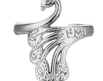 May include: Silver peacock ring with an intricate design. The ring is open and adjustable to fit most finger sizes.