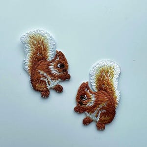 May include: Two embroidered squirrel patches. The squirrels are brown with white and tan tails, and white outlines. The patches are on a white background.