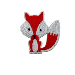 May include: A red and white embroidered fox patch. The fox has a white body and a red tail and ears.