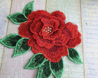 Large 3D Embroidered Red Peony Patch, Sew-on Applique, Sew-on Flowers