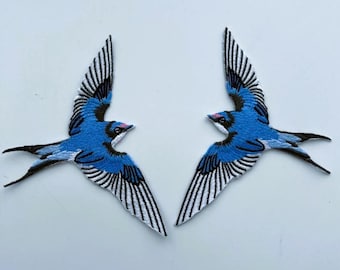 1 Pair of Embroidered Blue Swallow Bird Iron-on Patches
