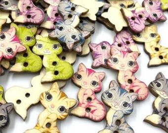 10 x Wood Cat Buttons, Cat Buttons, 25mm Buttons, Craft Buttons