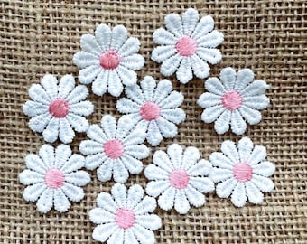 White & Pink Daisy Appliqués: Sew-On Embroidered Floral Patches - 10 pieces