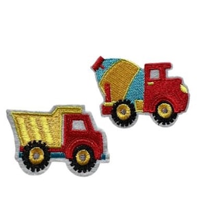 May include: Two embroidered iron-on patches of construction vehicles. One is a yellow dump truck with red details and the other is a red cement mixer with yellow and blue details.