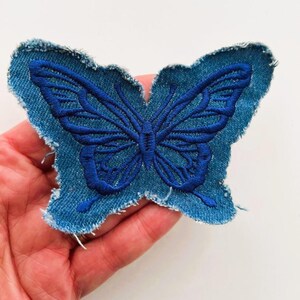 Blue Cotton Butterfly Iron-on Patch: Embroidered Applique, Repair Patch