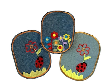 Embroidered Denim Iron-On Patch: Floral Ladybug Applique