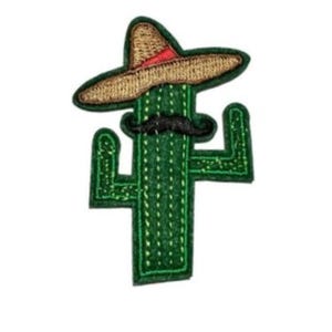 May include: Green cactus wearing a brown sombrero with a red band and a black mustache.