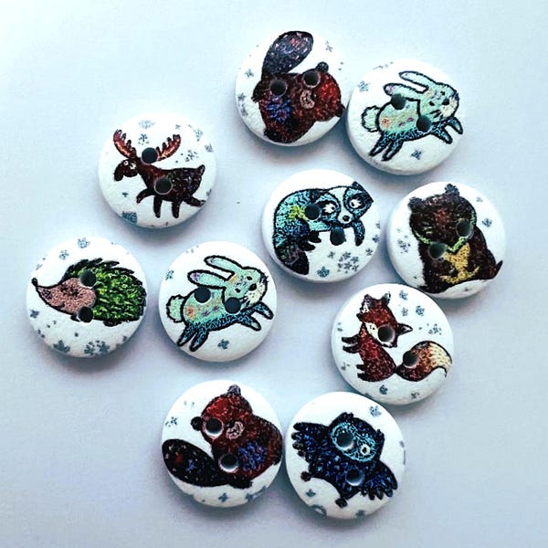 10 Woodland Animal Wood Buttons: 15mm Children's Sewing Buttons