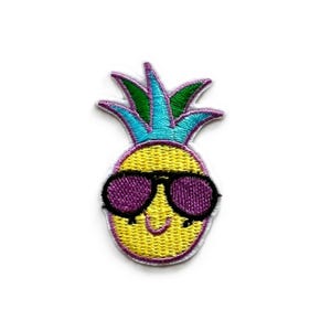 May include: A yellow pineapple with a blue and green crown wearing purple sunglasses and a smiling face.