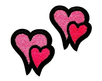 2 x Embroidered Heart Iron-on Patches: Applique (5.7cm)