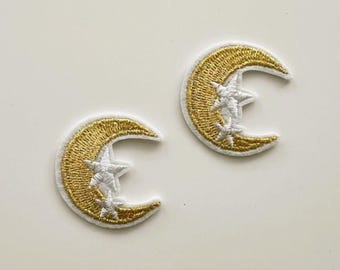 Gold Moon Iron On Patch, Shiny Motif - Set of 2