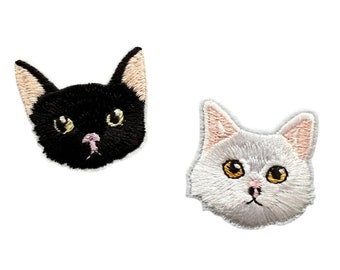 Cat Iron-on Patch, Embroidered Cat Applique, Black Cat Iron-on Patches, White Kitten Iron-on Patches