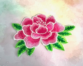 Pink Peony flower iron-on patch, Embroidered Peony flowers, Floral Patches, Decorative Patches