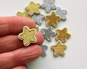 Tiny Star Iron On Patches: Shiny Gold/Silver Embroidery (1.9cm)