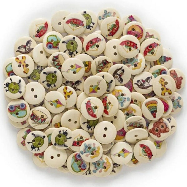 10 x Wooden Buttons, Children's Buttons, 15mm Buttons, Round Buttons