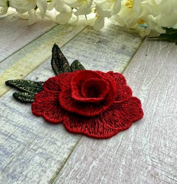 3D Red Rose Lace Applique: Sew-on Flower Embellishment (9.8cm X