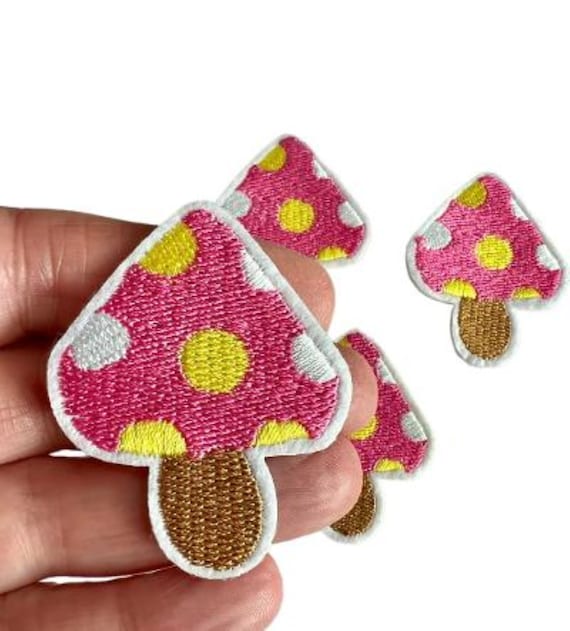 Pink Mushroom Game Embroidered Iron on Patch.