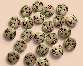 Ladybug & Flower Wood Buttons: 15mm Children's Sewing Buttons (8 pcs)