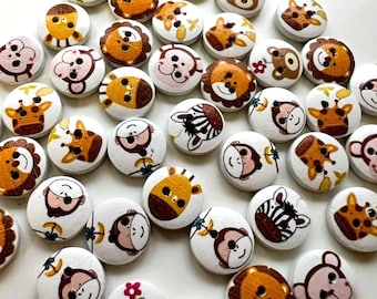 10 Zoo Animal Wood Buttons: 15mm Children's Sewing Buttons