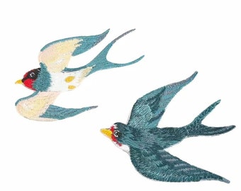 2 x Embroidered Swallow Bird Iron-on Patches
