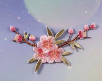 Cherry Blossom Embroidered Iron-on Patch: Flower Applique