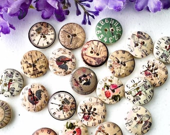 Vintage Style Clock Wood Buttons: 20mm Retro Sewing Buttons (pack of 10)