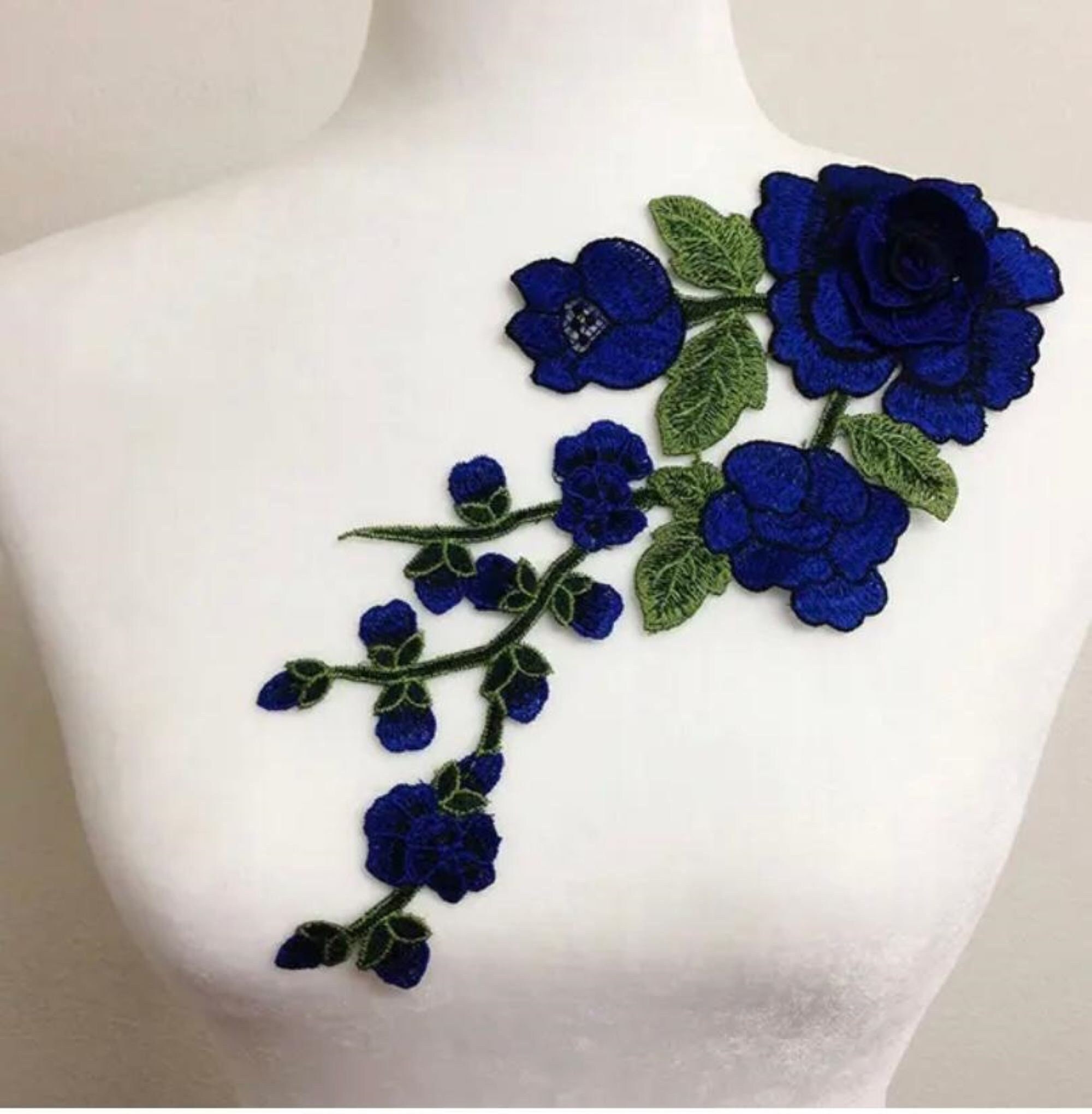 3D Floral Applique Blue Embroidered Flower W/Dark Blue Edging