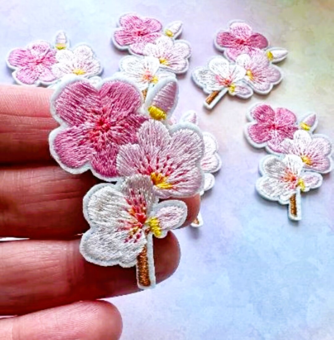 Cherry Blossom Iron-on Patch, Pink Flower Patch, Embroidered