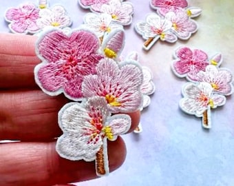 Cherry Blossom Iron-On Patch: Pink Embroidered Flower Applique (5cm x 3.5cm)