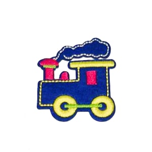 May include: A blue train engine with yellow wheels, a red chimney, and a white smoke plume. The train is outlined in yellow.